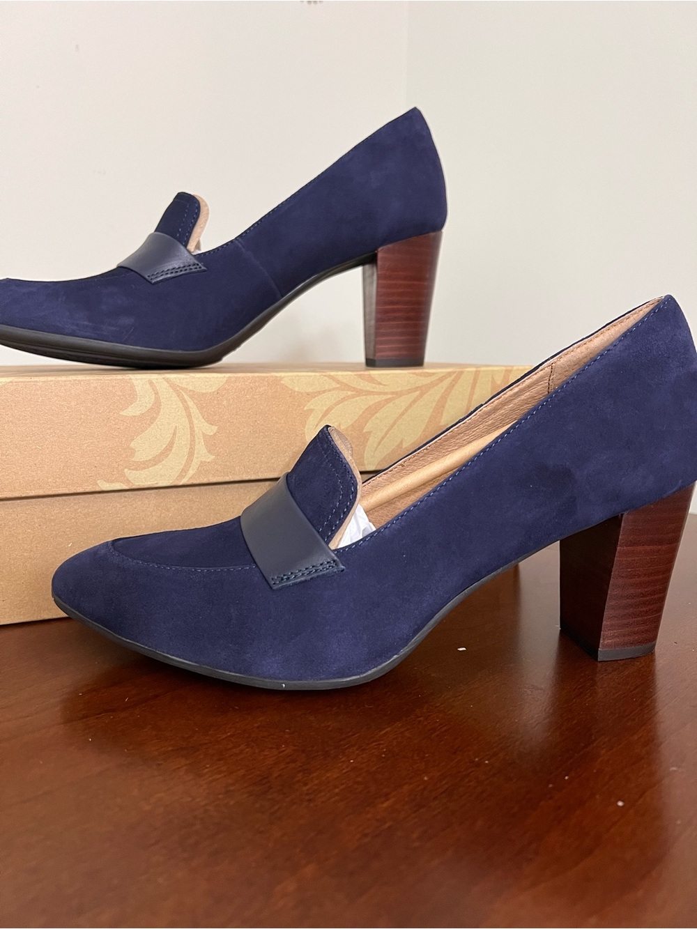 Sofft Navy Suede Mid Block Heel Loafer